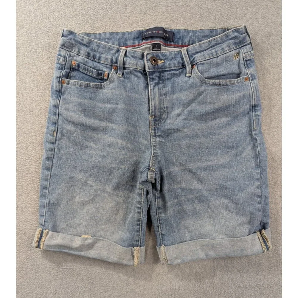 Tommy Hilfiger Denim Shorts Womens SZ 6 Blue whiskers Bermuda Rolled Cuffs Boho - Picture 1 of 14